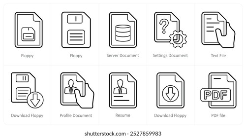 A set of 10 mix icons as floppy, server document, settings document