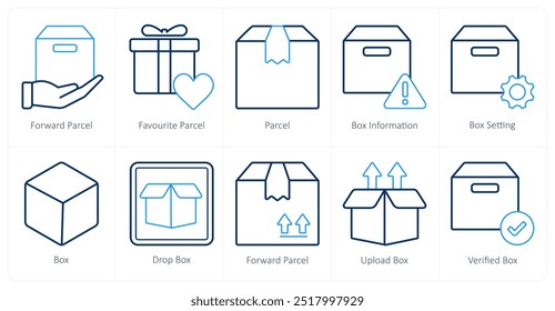 A set of 10 mix icons as forward parcel, favorite parcel, parcel