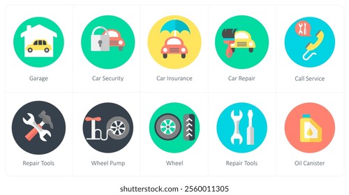 A set of 10 mix icons as garage, car security, car insurance