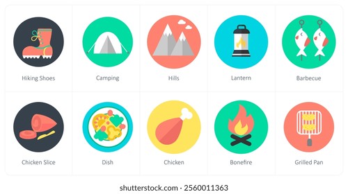 A set of 10 mix icons as hiking shoes, camping, hills, lantern