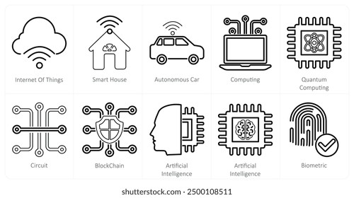 Un conjunto de 10 iconos de la mezcla como internet de las cosas, casa inteligente, coche autónomo