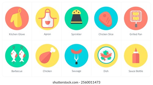 A set of 10 mix icons as kitchen glove, apron, sprinkler