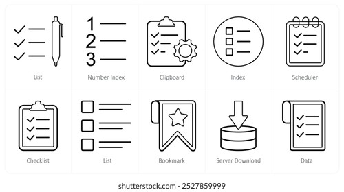 A set of 10 mix icons as list, number index clipboard