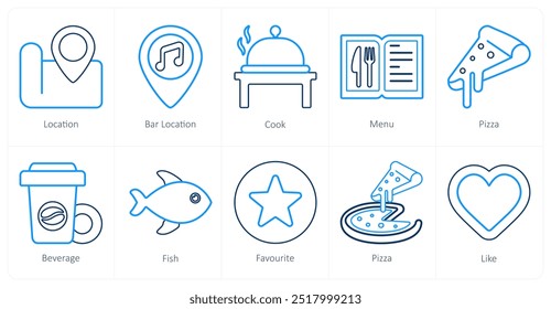 A set of 10 mix icons as location, bar location, cook