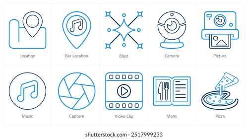 Um conjunto de 10 ícones de mistura como localização, localização da barra, explosão