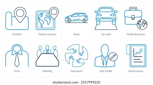 A set of 10 mix icons as location, global location, road