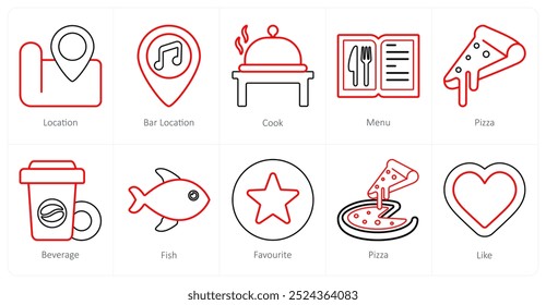 A set of 10 mix icons as location, bar location, cook