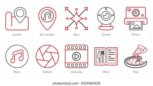 Um conjunto de 10 ícones de mistura como localização, localização da barra, explosão