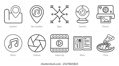 Um conjunto de 10 ícones de mistura como localização, localização da barra, explosão