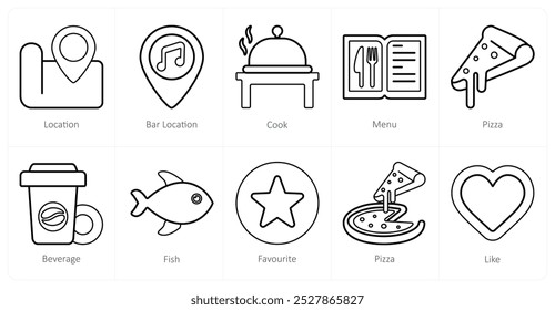 A set of 10 mix icons as location, bar location, cook