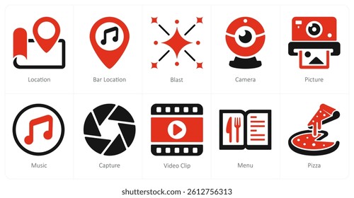 A set of 10 mix icons as location, bar location, blast