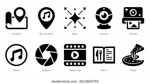 A set of 10 mix icons as location, bar location, blast