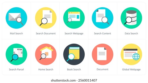 A set of 10 mix icons as mail search, search document, search webpage