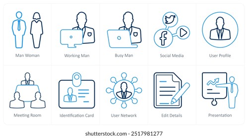 Um conjunto de 10 ícones de mistura como homem mulher, homem de trabalho, homem ocupado