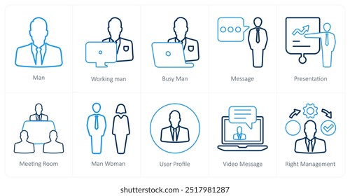 Um conjunto de 10 ícones de mistura como homem, homem de trabalho, homem ocupado