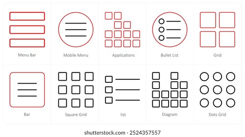 Um conjunto de 10 ícones mistos como barra de menu, menu móvel, aplicativos