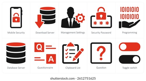 A set of 10 mix icons as mobile security, download server, management settings