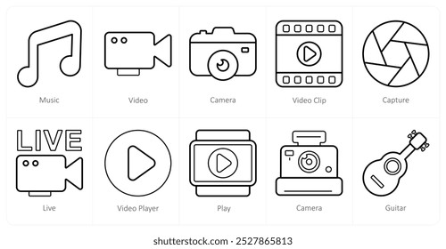 A set of 10 mix icons as music, video, camera