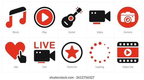A set of 10 mix icons as music, play, guitar