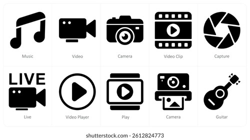 A set of 10 mix icons as music, video, camera