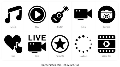 A set of 10 mix icons as music, play, guitar