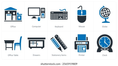 A set of 10 mix icons as office, computer, keyboard