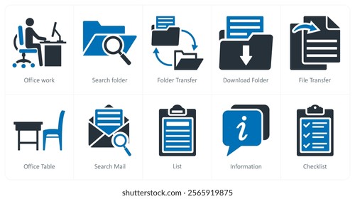 A set of 10 mix icons as office work, search folder, folder transfer