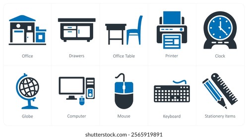 A set of 10 mix icons as office, drawers, office table