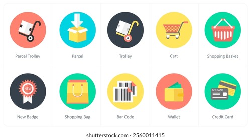 A set of 10 mix icons as parcel trolley, parcel, trolley