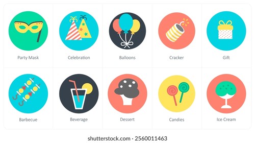 A set of 10 mix icons as party mask, celebration, balloons