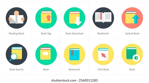 A set of 10 mix icons as reading book, book tag, book download