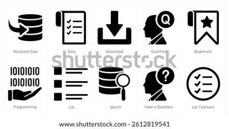 A set of 10 mix icons as received data, data, download, question