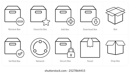 Ein Satz von 10 Mix-Icons als entfernen Box, Favoriten Box, Hinzufügen Box
