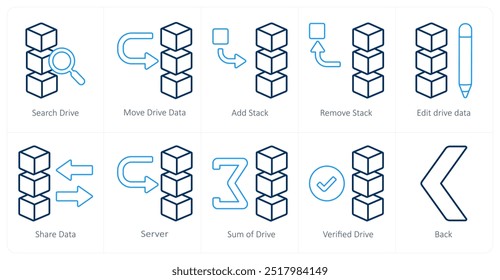 A set of 10 mix icons as search drive, move drive data, add stack