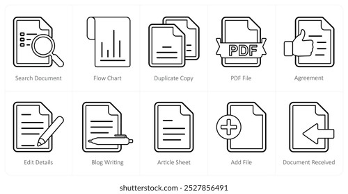 A set of 10 mix icons as search document, flow chart, duplicate copy