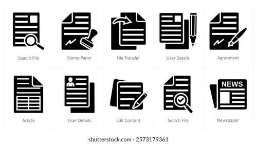 A set of 10 mix icons as search file, stamp paper, file transfer