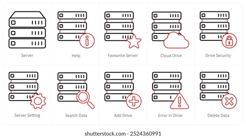 A set of 10 mix icons as server, help, favorite server