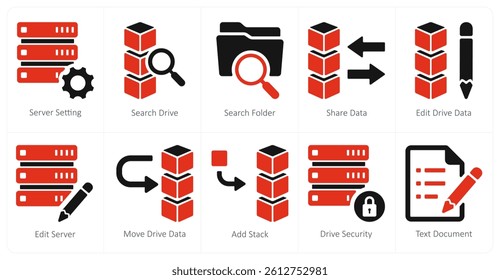 A set of 10 mix icons as server setting, search drive, search folder