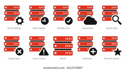 A set of 10 mix icons as server setting, drive update, verified drive