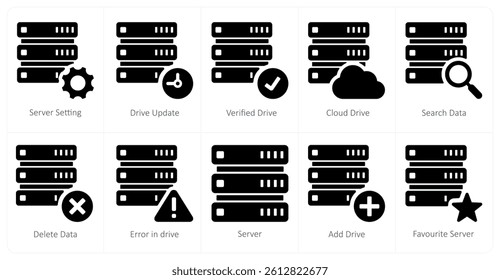 A set of 10 mix icons as server setting, drive update, verified drive