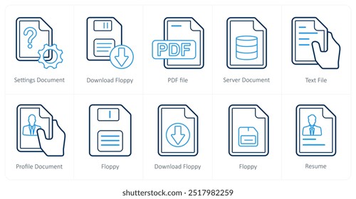 Ein Satz von 10 Mix-Icons als Einstellungsdokument, Download-Floppy, PDF-Datei