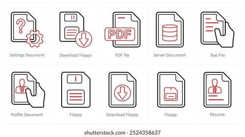 Ein Satz von 10 Mix-Icons als Einstellungsdokument, Download-Floppy, PDF-Datei