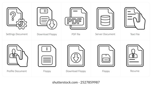 Ein Satz von 10 Mix-Icons als Einstellungsdokument, Download-Floppy, PDF-Datei