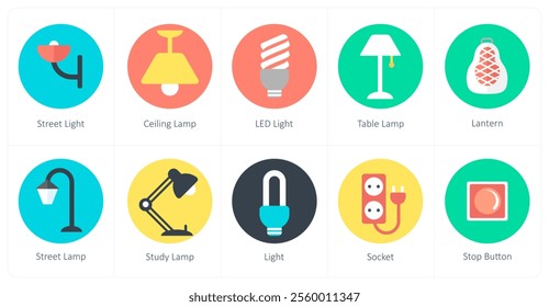 A set of 10 mix icons as street light, ceiling lamp, led light