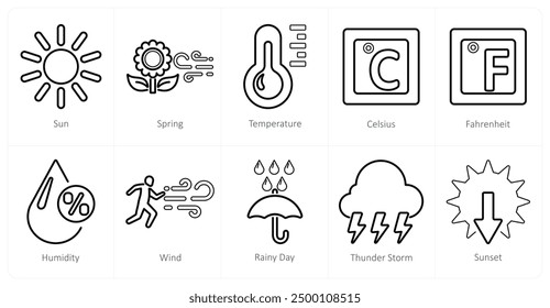 Un conjunto de 10 iconos de mezcla como sol, primavera, temperatura