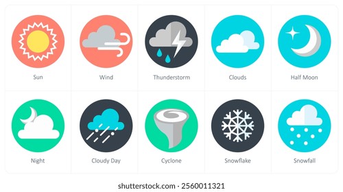 A set of 10 mix icons as sun, wind, thunderstorm