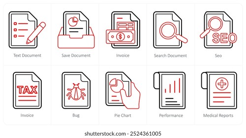 A set of 10 mix icons as text document, save document, invoice