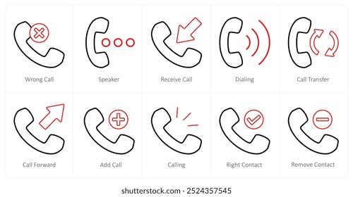 A set of 10 mix icons as wrong call, speaker, receive call