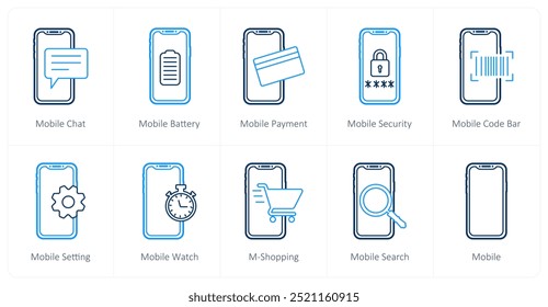 A set of 10 mobile icons as mobile chat, mobile battery, mobile payment