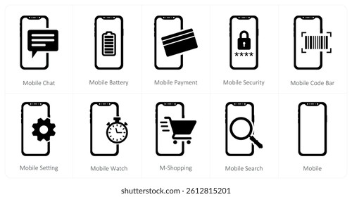 A set of 10 mobile icons as mobile chat, mobile battery, mobile payment